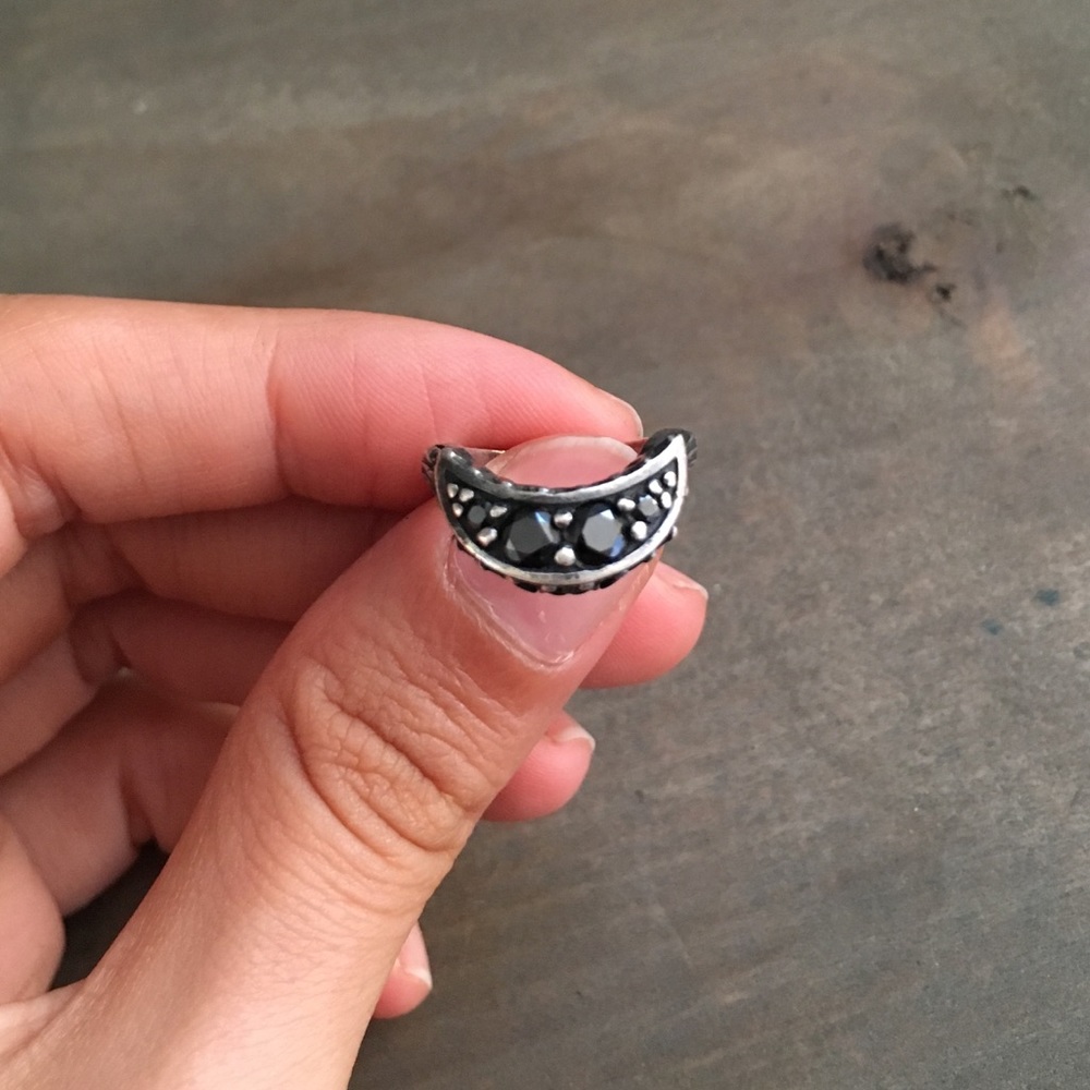 Sterling Silver Crescent Ring with Black Accents - Women